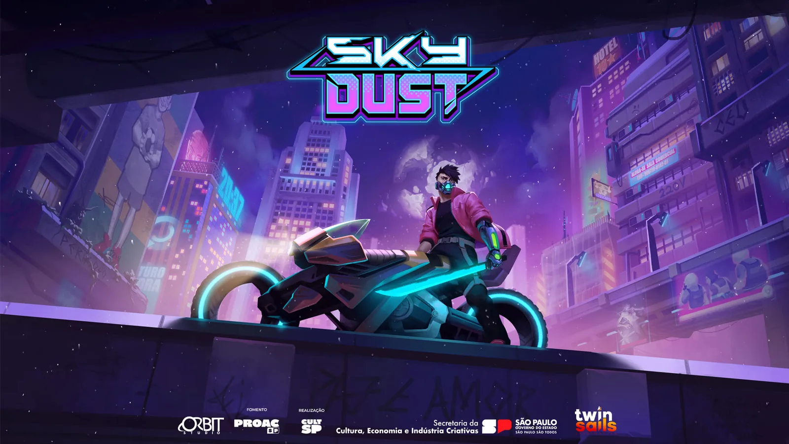 Arte oficial de Sky Dust com uma moto numa cidade neon